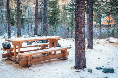 Ormandaki ahşap bank ve masa. Kış ormanında kamp yapmak.