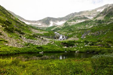 Yaz gününde vadide akarsu. Dağ vadisinde nehir