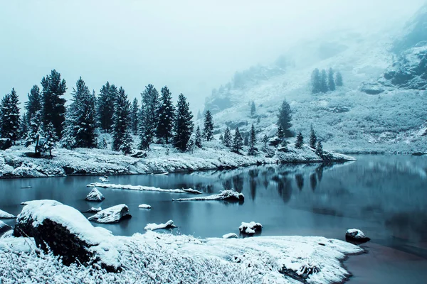 Lago Invierno Nieve Bosque Coníferas Orilla Del Lago Montaña —  Fotos de Stock