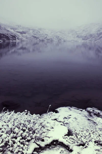 Praia Nevada Lago Montanha Queda Neve Rio — Fotografia de Stock