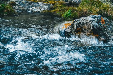 Güçlü dağ nehri. Kayalar arasında hızlı akış. Mavi su akıntısı kayalarda kaynıyor.
