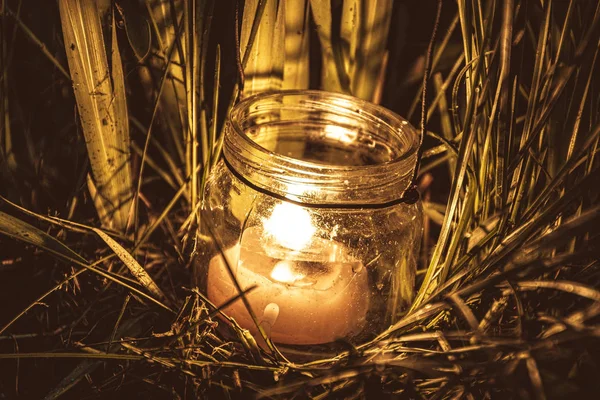 Candle Glass Jar Grass Night Life Plants Garden — Stock Photo, Image
