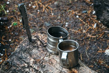 Ağaçta iki metal bardak. Doğadaki macera, turizm. Olağanüstü koşullarda çay partisi..