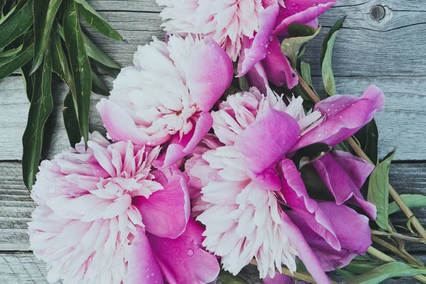 Peony Flowers Wooden Table Pink Petals Background — Stock Photo, Image