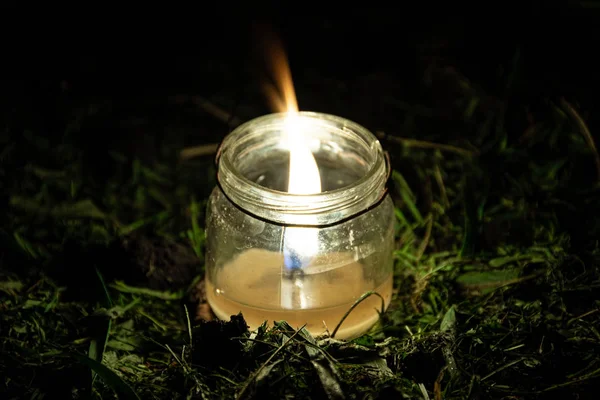 Vela Tarro Vidrio Hierba Vida Nocturna Las Plantas Jardín — Foto de Stock