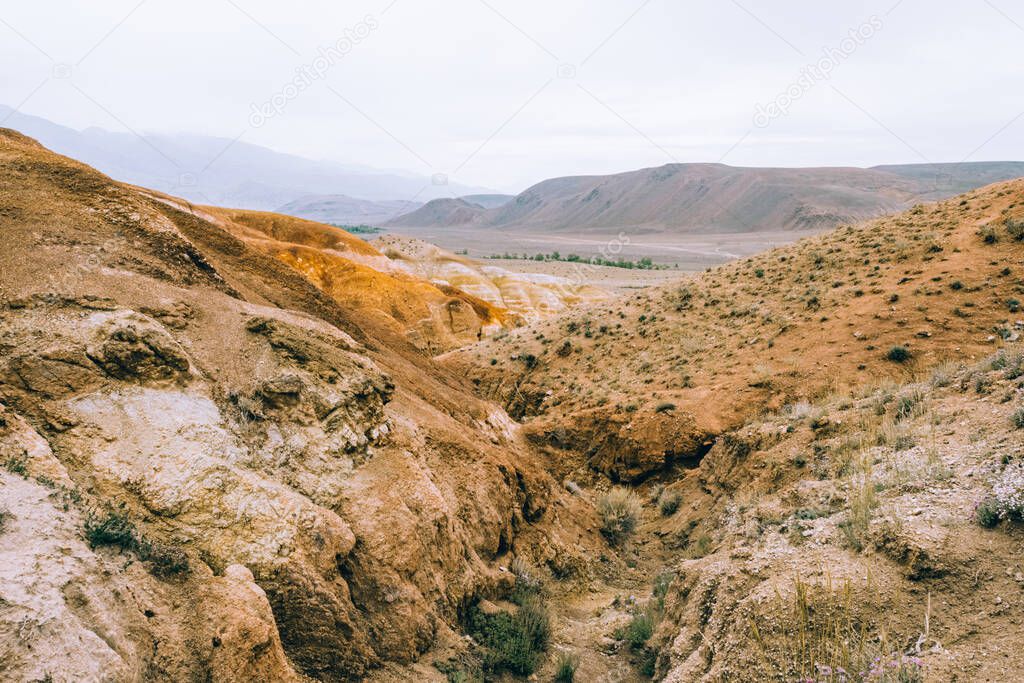 dry clay ravine due to soil erosion, sandy bed of a dried up river, drought in the steppe, lack of water supply, global warming and climate change