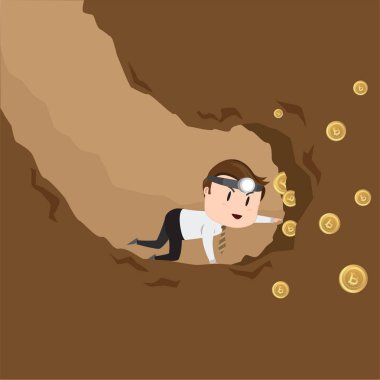 İşadamı karakter incelemesi bitcoins, vektör çizim