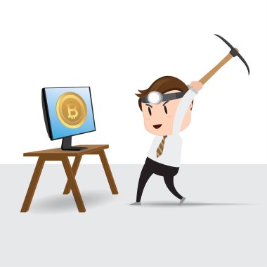 İşadamı karakter incelemesi bitcoins bilgisayar ekranında, vektör çizim