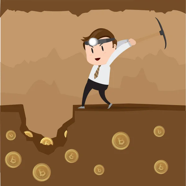 Hombre Negocios Carácter Minería Bitcoins Vector Ilustración — Vector de stock