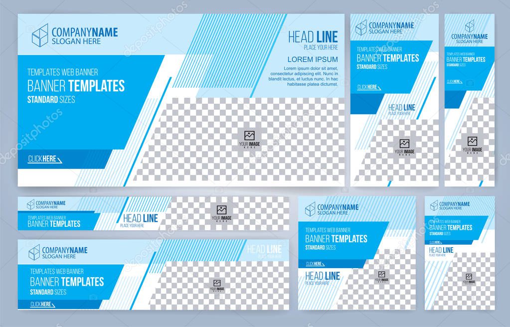 Blue and White Web banners templates, standard sizes with space for photo, modern design