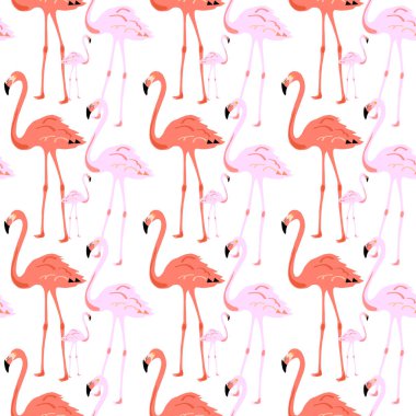 Beyaz arka plan üzerinde Flamingo Seamless modeli. Pembe flamingo. Vektör çizim tasarım kumaş ve dekor.