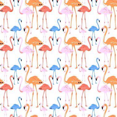 Beyaz arka plan üzerinde Flamingo Seamless modeli. Pembe flamingo. Vektör çizim tasarım kumaş ve dekor.
