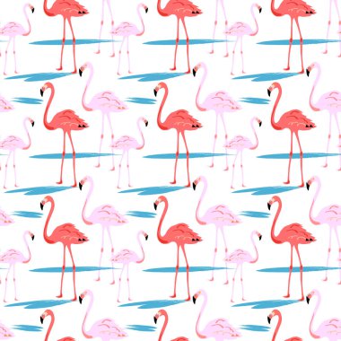Beyaz arka plan üzerinde Flamingo Seamless modeli. Pembe flamingo. Vektör çizim tasarım kumaş ve dekor.
