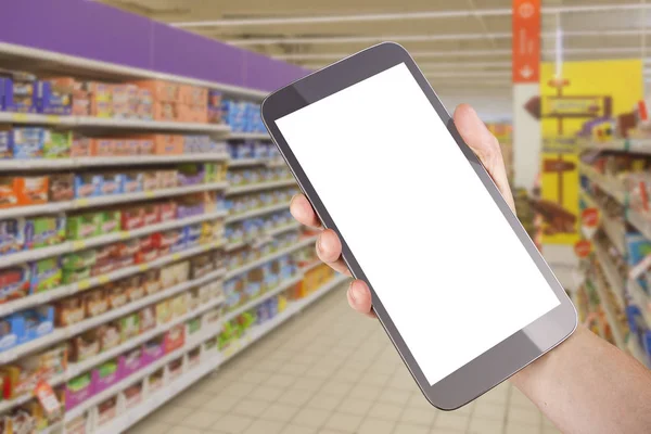 Smart Phone Mock Supermarkt Smart Shopping Concept Lay Out Online — Stockfoto