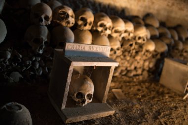 Kafatası ve kemikler antik mezarda, Naples