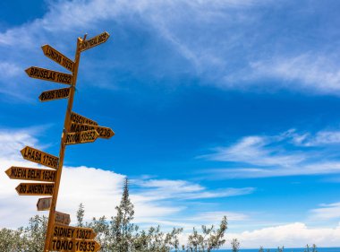 Yön dünyanın farklı yerlere bir sokak tabelası belirtilen