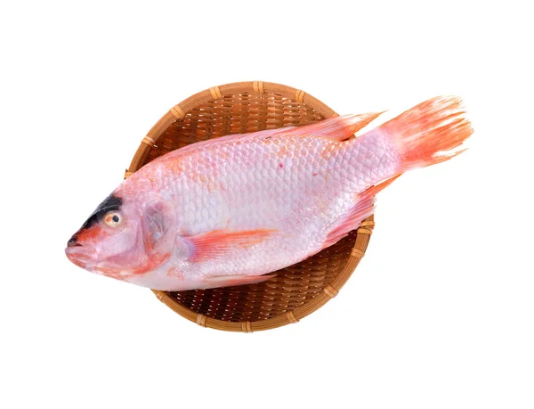 Whole Fresh Red Tilapia Tub Tim Fish Bamboo Basket White — Stock Photo, Image