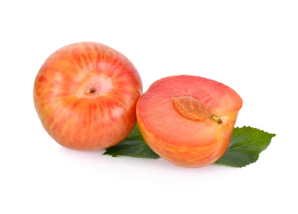 tam ve yarı olgunlaşmış taze pluot beyaz arka plan üzerinde kesmek