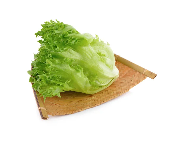 Fresh Iceberg Lettuce Bamboo Basket White Background — Stock Photo, Image