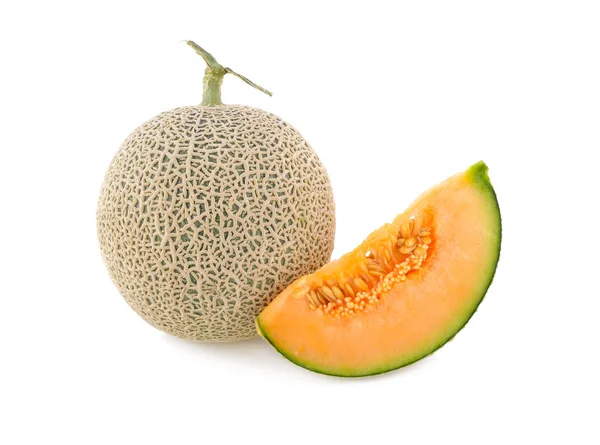 Geheel Snijd Stuk Rijpe Japanse Oranje Meloen Met Stam Witte — Stockfoto
