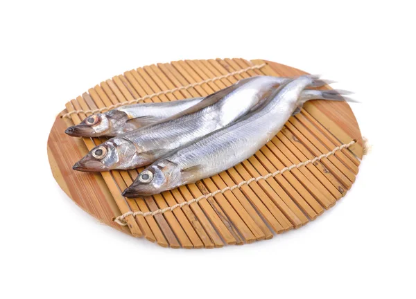 Whole Fresh Shishamo Fish Bamboo Mat White Background — Stock Photo, Image