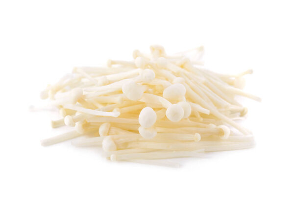 pile of Fresh Enoki mushrooms on white background