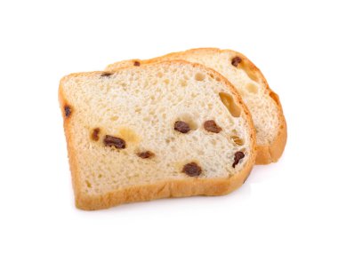 beyaz zemin üzerine kuru üzüm ile ekmek dilimlenmiş