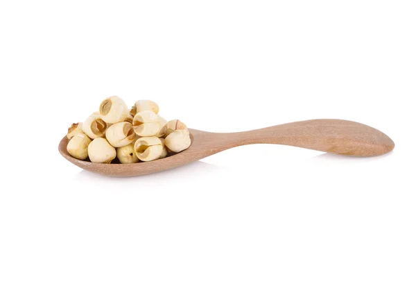 Dried lotus seeds on wooden spoon with white background — Stock Photo, Image