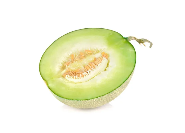 Halb geschnittene reife Melone mit Stiel auf weißem Hintergrund — Stockfoto