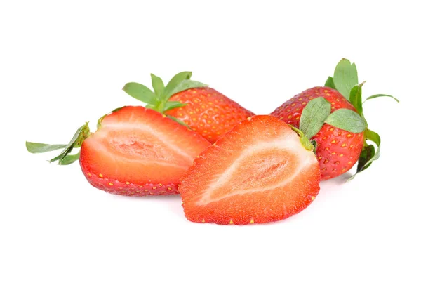 Whole and half cut fresh ripe strawberry with leaf on white back — Stock Photo, Image