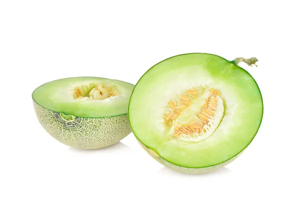 Halvskuren mogen melon med stjälk på vit bakgrund — Stockfoto
