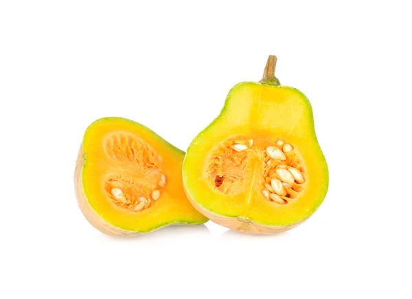 Calabaza de mantequilla fresca medio cortada con tallo sobre fondo blanco — Foto de Stock