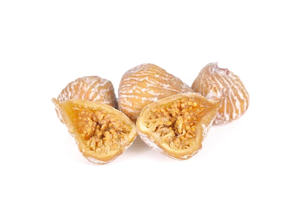 Whole and haft cut small dried figs on white background — Stock Photo, Image