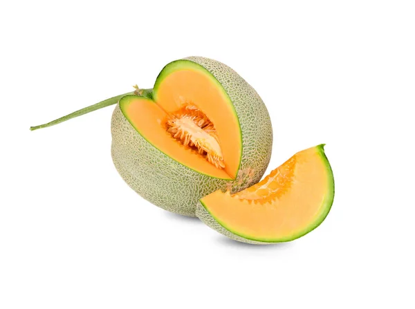 Hela Och Skuren Mogen Muskmelon Med Stam Vit Bakgrund — Stockfoto