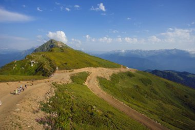 Roza Khutor Yaylası yaz Alpine Ski Resort manzara, Sochi, Rusya Federasyonu. Kafkas Dağları'nın arka plan üzerinde alpin çayır yakın çekim