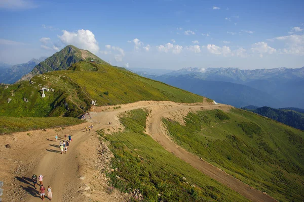 Roza Khutor Plateau lato Alpine Ski Resort krajobraz, Soczi, Rosja. Zbliżenie na alpejskiej łąki, na tle góry Kaukaz — Zdjęcie stockowe