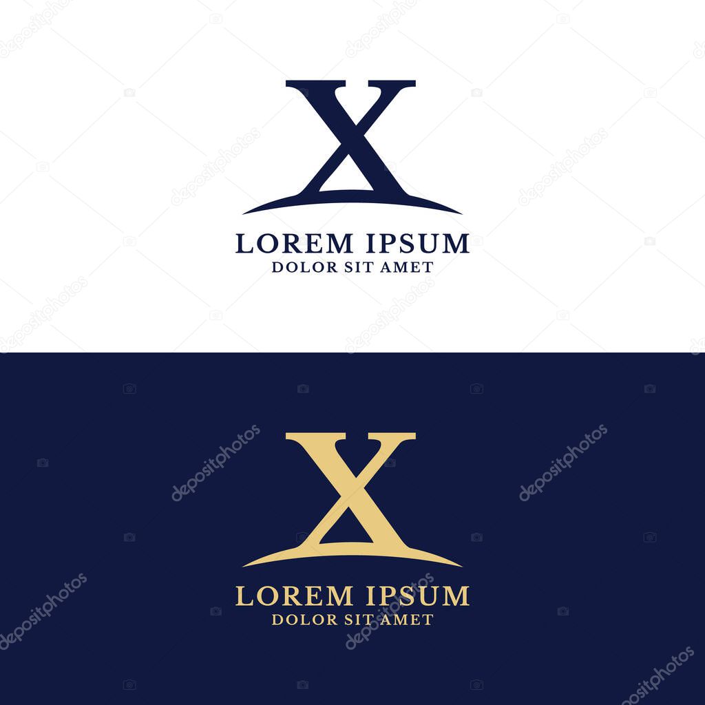 Initial Letter X With Swoosh Logo Design Vector Template. Dark Blue And Gold Color.