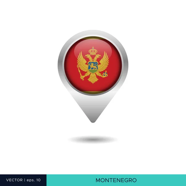 Montenegro Flagge Karte Pin Vektor Design Vorlage — Stockvektor