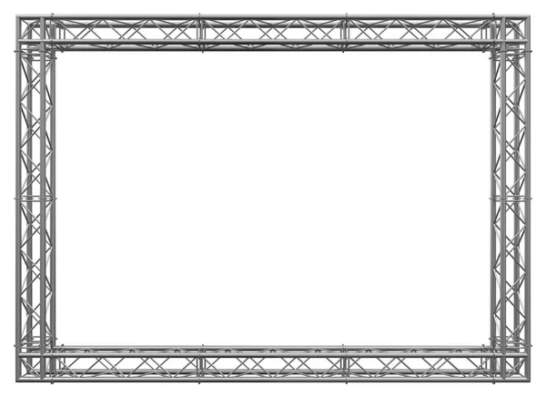 Decorative frame. 3D rendering. Matt stainless steel spatial construction in the form of a rectangle, assembled from tubular trusses with flanges, connected with bolts and nuts. Isolated on white.