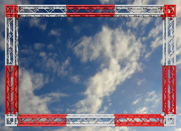 Decorative frame. Red and white spatial construction in the form of a rectangle, assembled from tubular trusses with flanges, connected with bolts and nuts against the sky. 3D rendering.