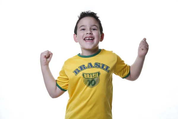 Boy Yellow Green Shirt Celebrating Partying Cheering Soccer Team Brazil — Stock Photo, Image