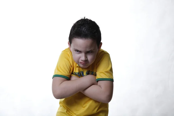 Niño Con Camisa Verde Amarilla Celebrando Fiesta Animando Equipo Fútbol —  Fotos de Stock