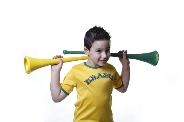 Chłopiec Żółtym Zielonej Koszuli Okazji Imprezy Doping Piłce Nożnej Brazylii — Zdjęcie stockowe