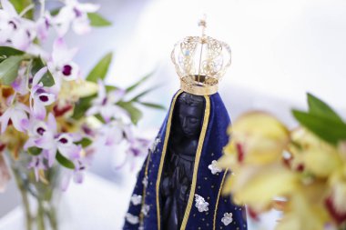 Aparecida Meryem, Tanrının annesi Katolik din, Brezilya, hamim görüntüsünü heykeli dekore edilmiş çiçekler ve orkide