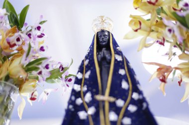Aparecida Meryem, Tanrının annesi Katolik din, Brezilya, hamim görüntüsünü heykeli dekore edilmiş çiçekler ve orkide