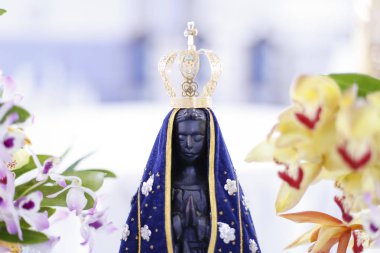 Aparecida Meryem, Tanrının annesi Katolik din, Brezilya, hamim görüntüsünü heykeli dekore edilmiş çiçekler ve orkide