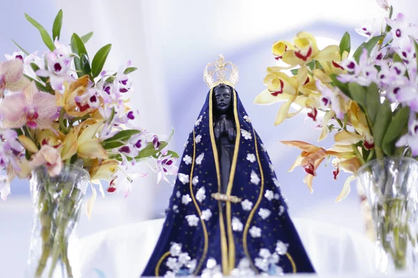 Aparecida Meryem, Tanrının annesi Katolik din, Brezilya, hamim görüntüsünü heykeli dekore edilmiş çiçekler ve orkide