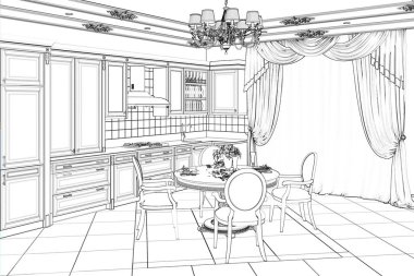 3D çizim. Mutfak iç taslağını