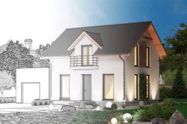 3D çizim. Gerçek bir ev haline bir yazlık kroki