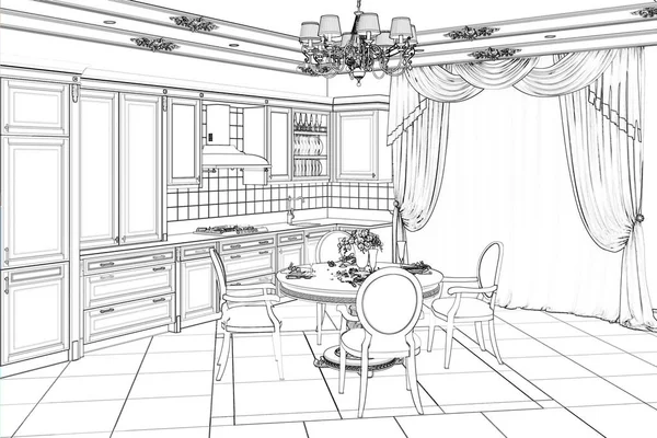 3d illustration. Sketch of kitchen interior